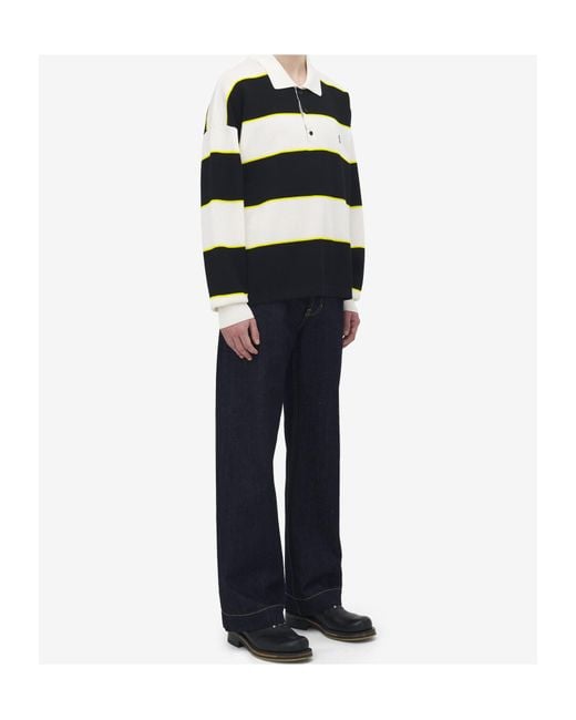 McQueen Black Skull Embroidered Knitted Striped Polo Shirt for men