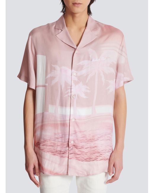 Balmain Pink Twill Palm Tree Print Shirt for men