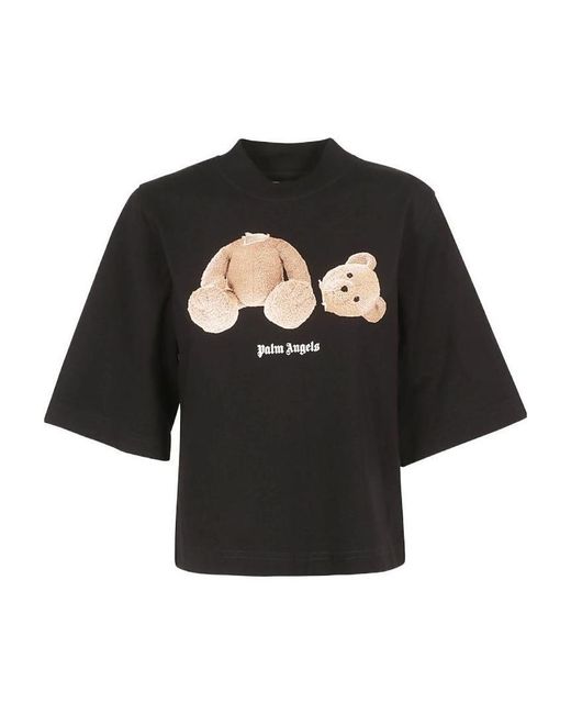 Palm Angels Black Bear Print Cropped T-Shirt