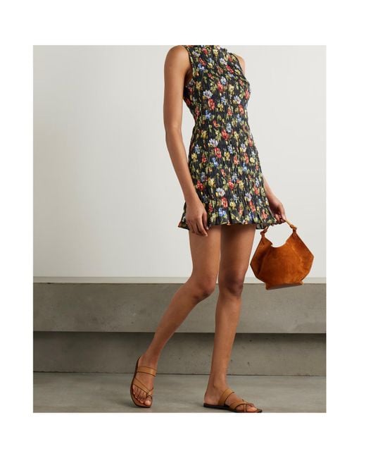 Doen Green Gianna Shirred Floral-Print Ramie Mini Dress