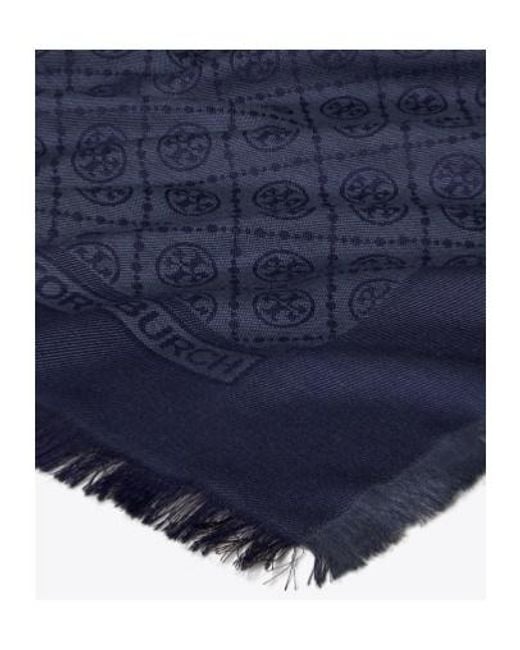 Tory Burch Blue T Monogram Jacquard Traveler Scarf