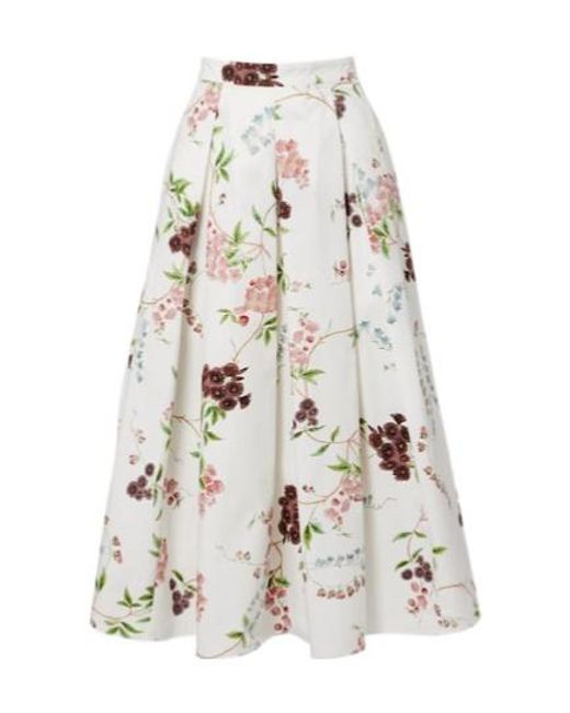 Erdem White Floral Pleated Cotton Poplin Midi Skirt