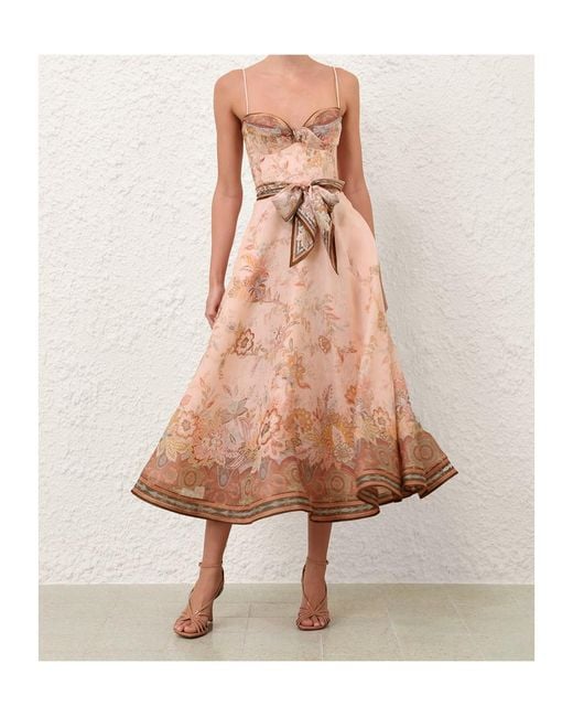 Zimmermann Natural Floral Belted Midi Dress