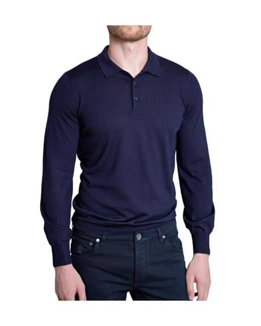 Brunello Cucinelli Blue Long-Sleeved Knitted Polo Shirt for men