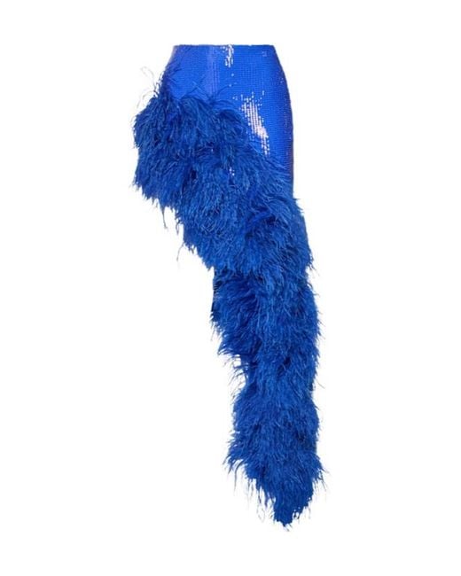 David Koma Blue Asymmetrical Skirt With Feather Details
