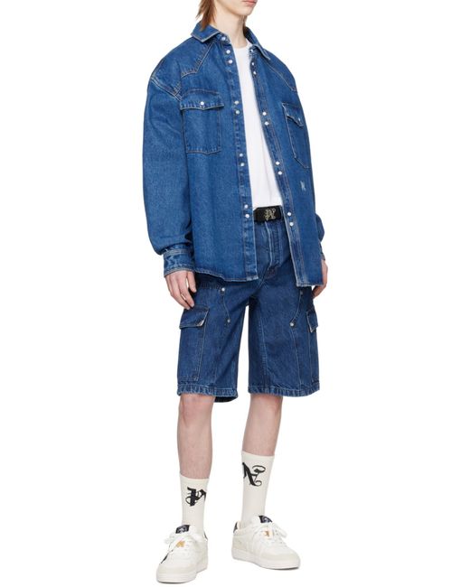 Palm Angels Blue Logo-Embroidered Drop Shoulder Denim Shirt for men