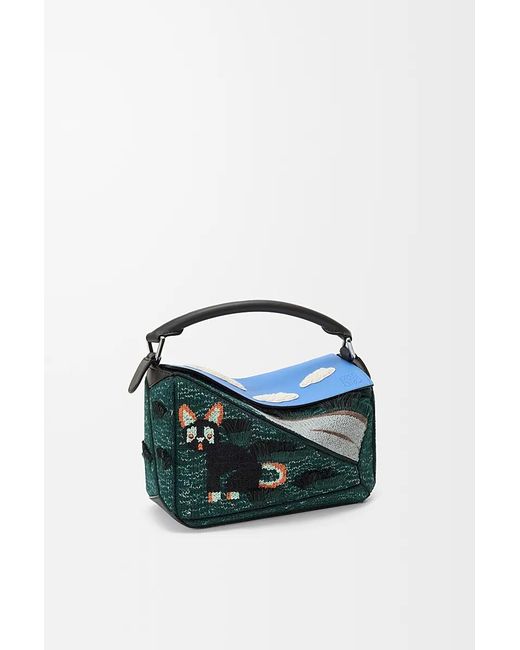 Loewe Blue Petit Sac Puzzle Futurist Cat En Maille Brodée Et Cuir De Veau