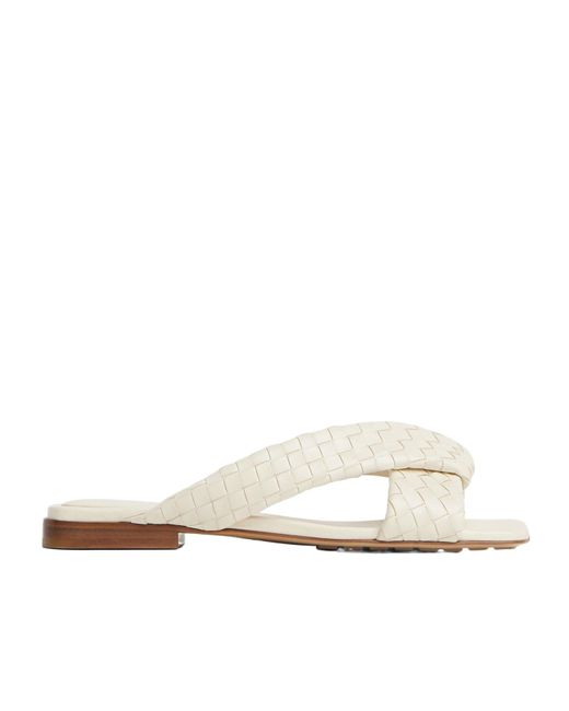 Bottega Veneta White Leather Intrecciato Riva Flat Mules