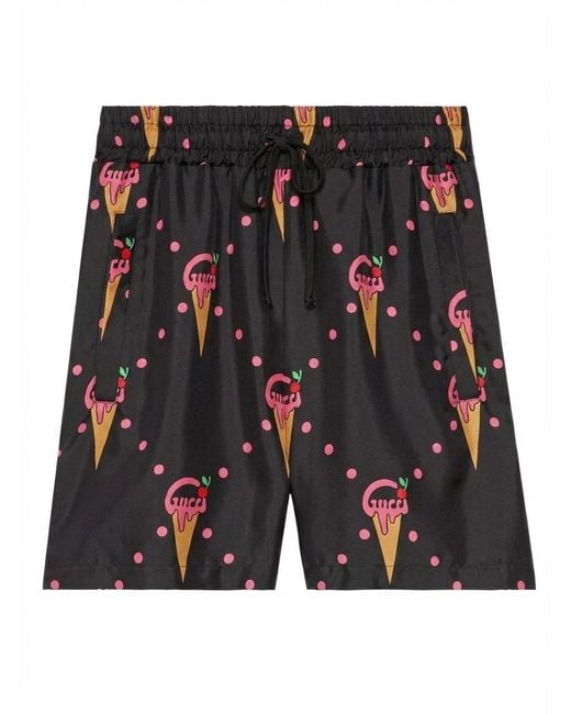 Gucci Black Ice-Cream-Print Silk Shorts