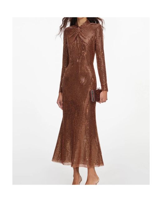 Self-Portrait Brown Rhinestone-Embellished Long-Sleeve Midi Dress