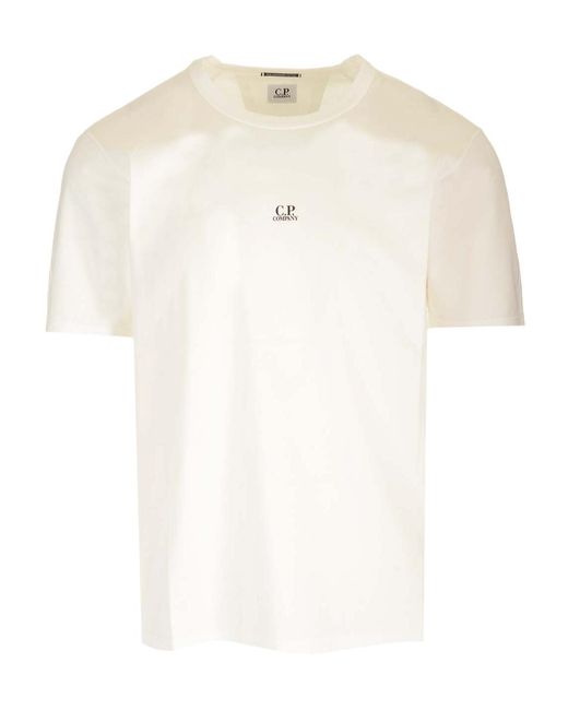 C P Company White Logo Printed Crewneck T-Shirt for men