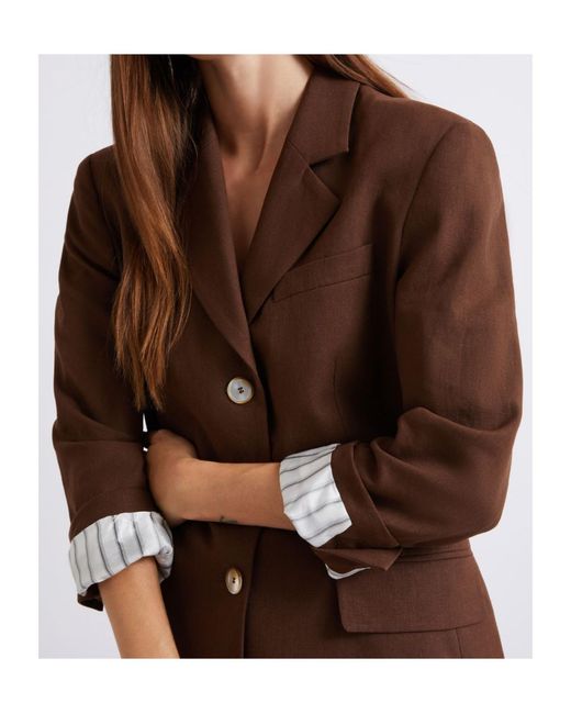 Marella Brown Single-Breasted Linen-Blend Blazer