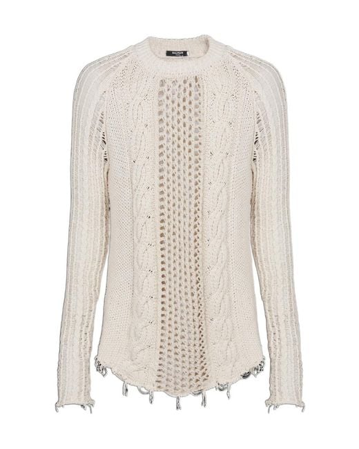 Balmain White Distressed Cable-Knit Jumper for men