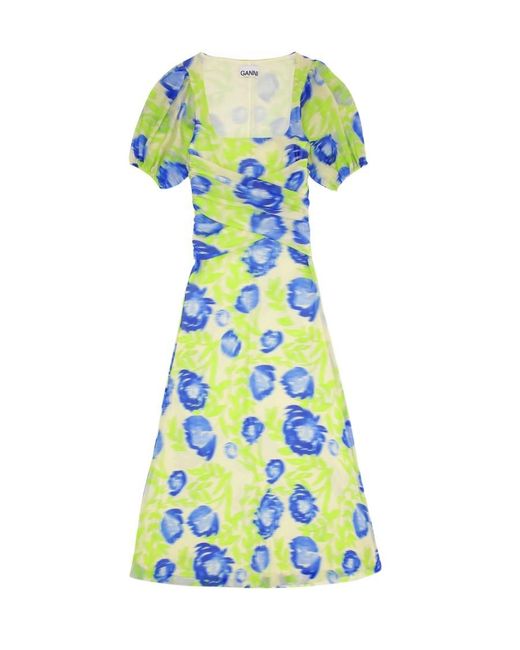 Ganni White Printed Mesh Puff Sleeved Midi Dress