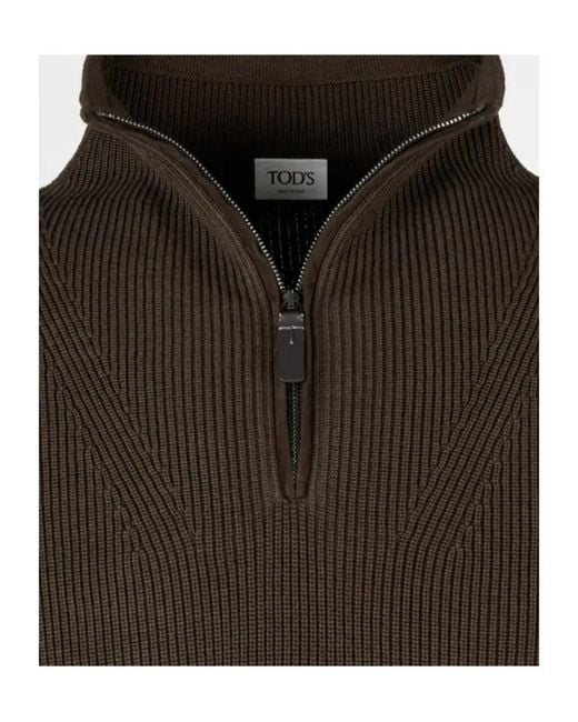 Tod's Brown Half-Zip Ribbed Sweater for men