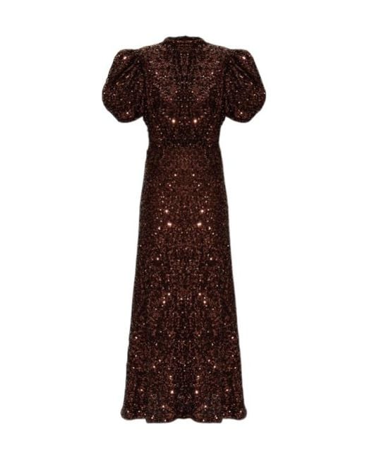 ROTATE BIRGER CHRISTENSEN Brown Sequin-Embellishment Puff-Sleeve Midi Dress