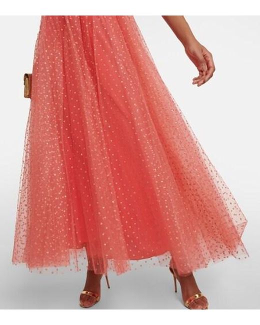 Monique Lhuillier Red Embellished Tulle Maxi Gown