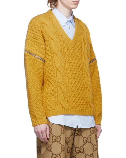 Gucci Yellow V-Neck Long Sleeved Sweater for men