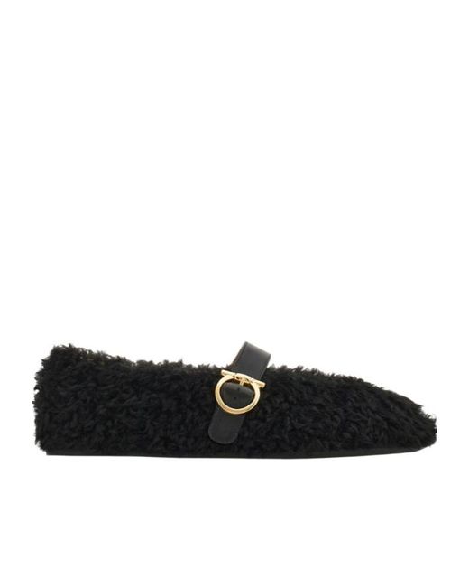 Ferragamo Black Buckle-Fastening Shearling Lace-Up Shoes