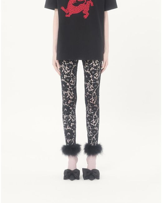 Valentino Black Lace Leggings With Feathers