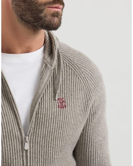 Brunello Cucinelli Gray Cashmere English Rib Hooded Knit Sweatshirt With Logo And Zipper for men