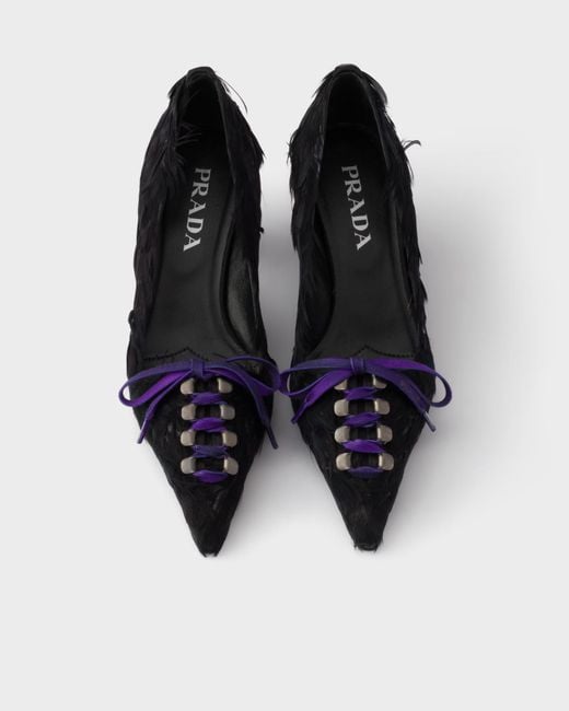 Prada Black Feather-Embellished Satin Pumps