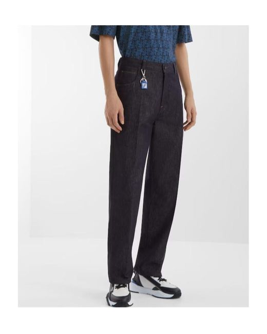 Fendi Blue Straight-Leg Logo Patch Long Jeans for men