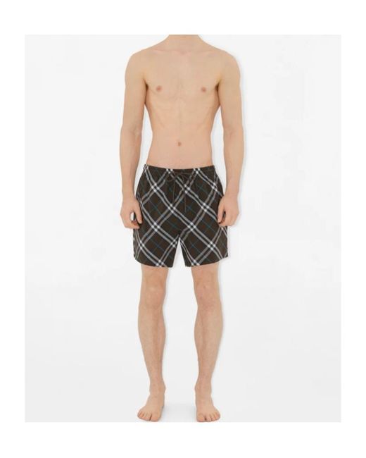 Burberry Gray Checked Drawstring Swim Shorts for men