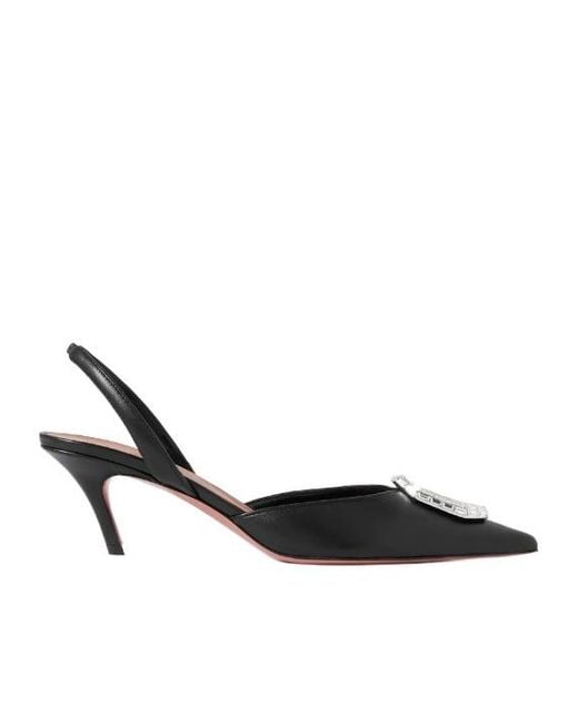 AMINA MUADDI Black Camelia Crystal-Embellished Leather Slingback Pumps