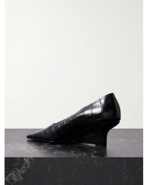 Totême Black Totême Pointed-Toe Embossed Wedge Pumps