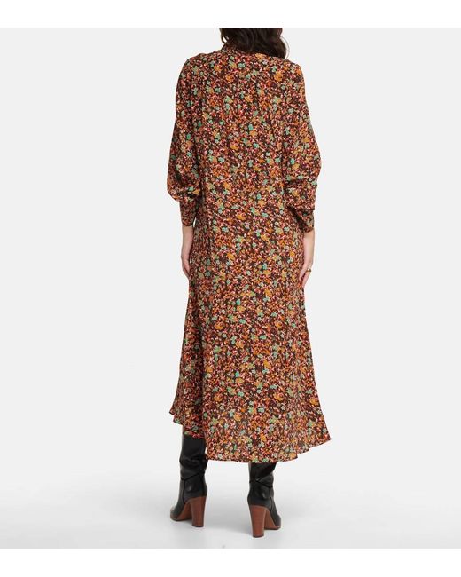 Victoria Beckham Brown Floral Silk Midi Dress With Tie-Neck