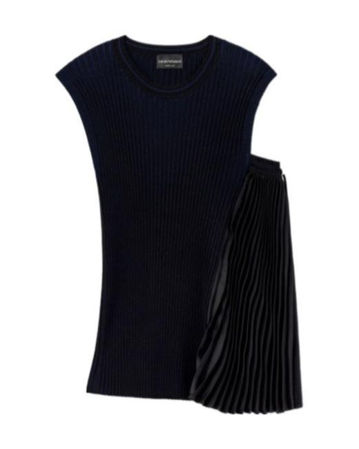 Emporio Armani Blue Knit Top With Asymmetrical And Sleeveless Ribbed Design And Pleated Panel