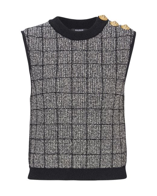 Balmain Gray Tweed Crop Top With Buttons
