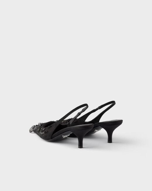 Prada Black Embroidered Satin Slingback Pumps