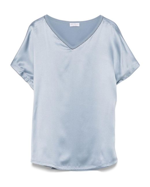 Brunello Cucinelli Blue V-Neck Short Sleeve Top