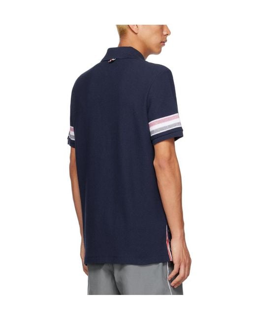Thom Browne Blue Logo Patch Striped Polo Shirt for men