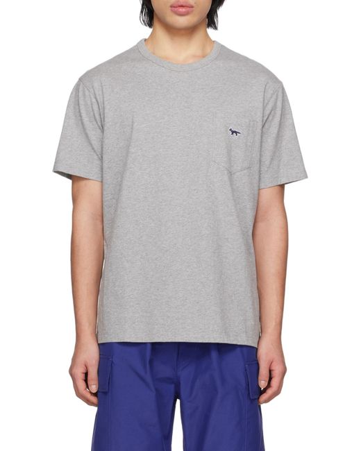 Maison Kitsuné Gray Embroidered-Logo Pocket T-Shirt for men