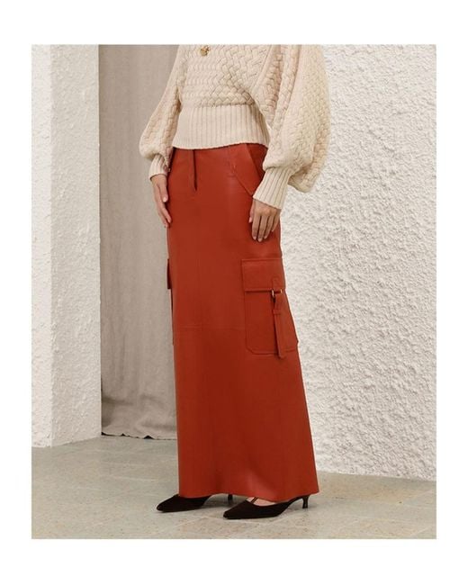 Zimmermann Orange Illustration Leather Midi Skirt