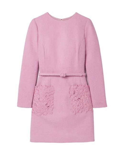 Oscar de la Renta Pink Belted Embroidered Cotton-Blend Bouclé-Tweed Mini Dress