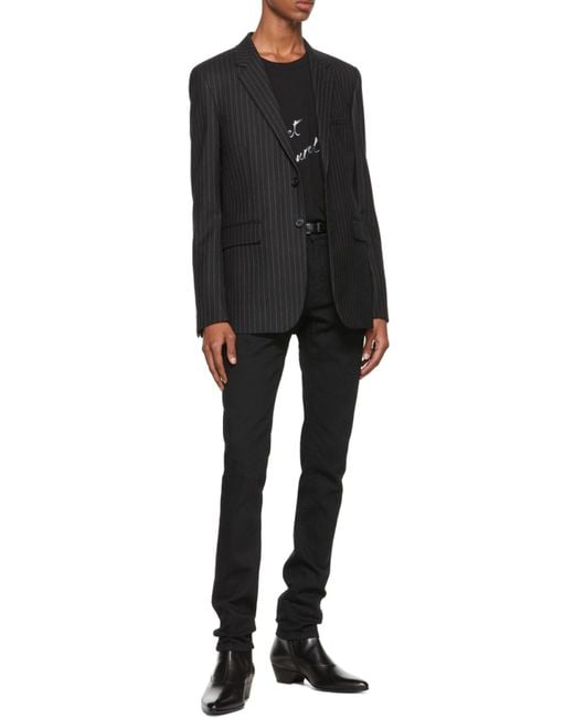 Saint Laurent Black Pinstriped Buttoned Blazer for men