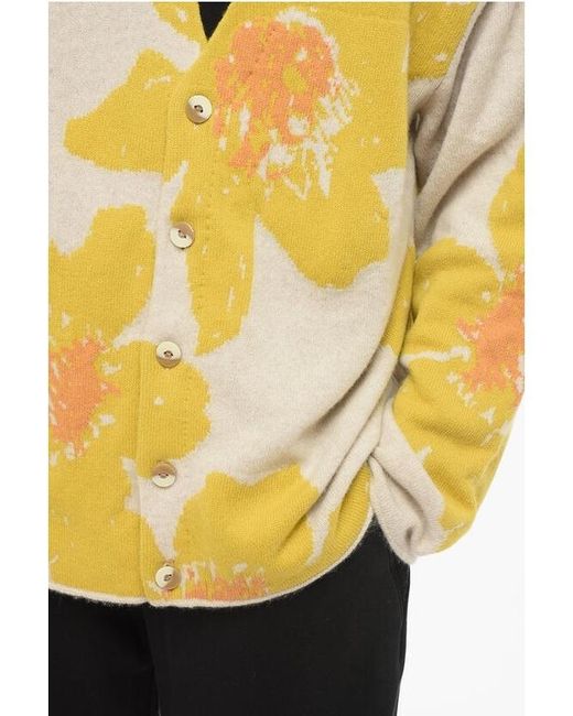 The Elder Statesman Yellow Floating Florals Cashmere Cardigan