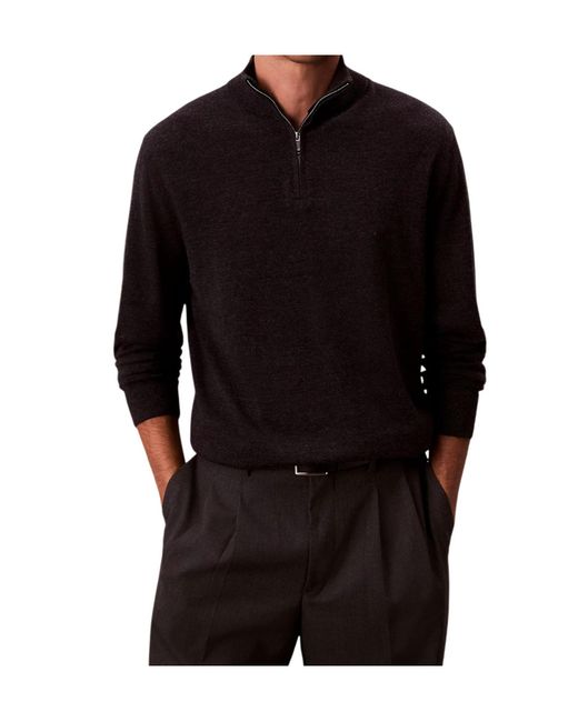 Calvin Klein Black Merino Wool Quarter Zip Jumper for men