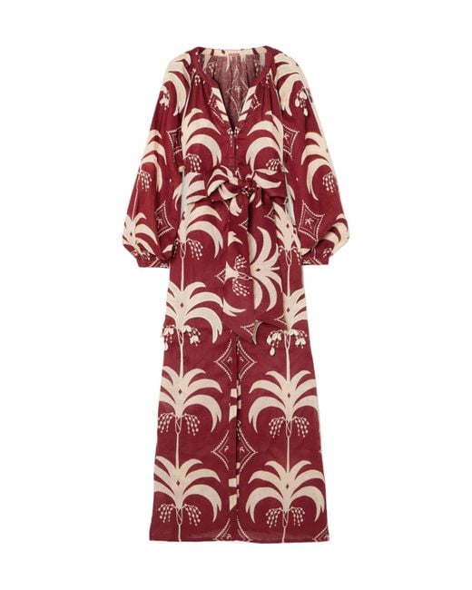 Johanna Ortiz Red Printed Linen Midi Dress