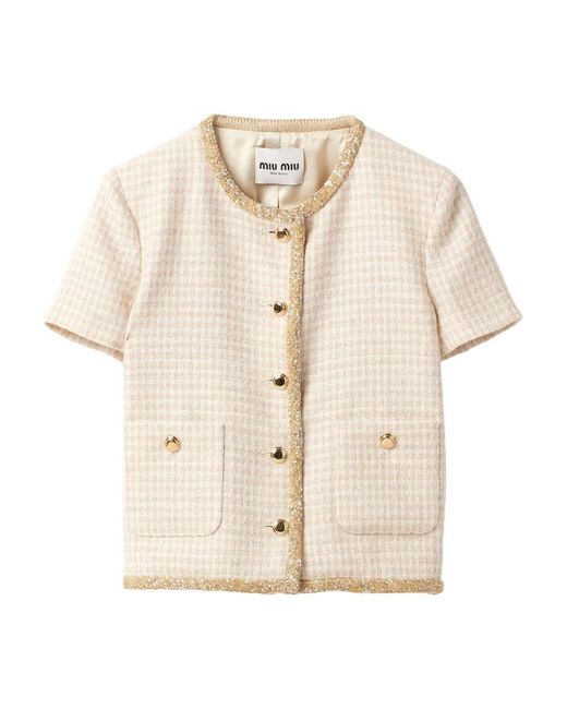 Miu Miu Natural Single-Breasted Tweed Jacket