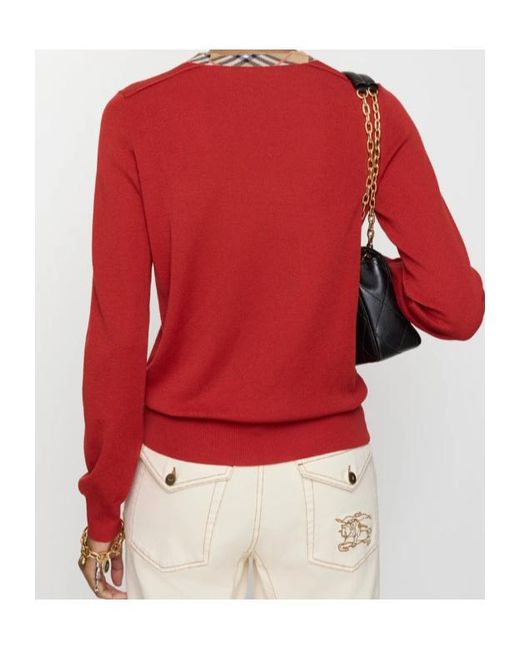 Burberry Red Checked-Neck Knitted Jumper