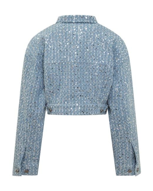 ROTATE BIRGER CHRISTENSEN Blue Embellished Cropped Denim Jacket