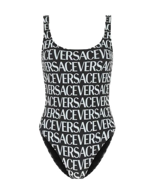 Versace Black Allover Logo Printed Low-Back Swimsuit