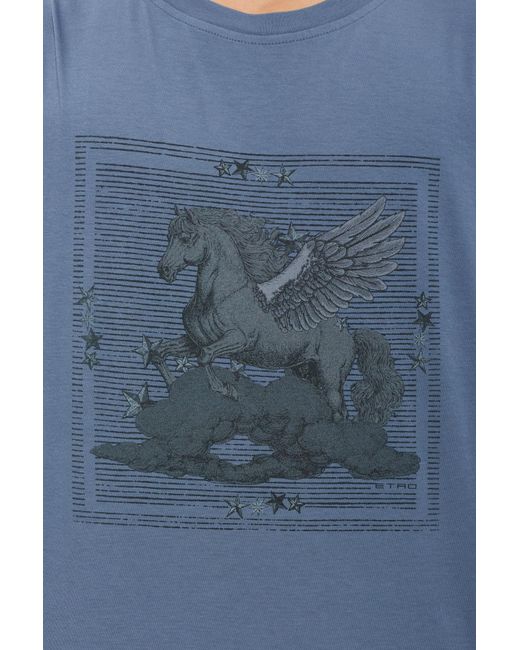 Etro Blue Pegasus-Print T-Shirt for men