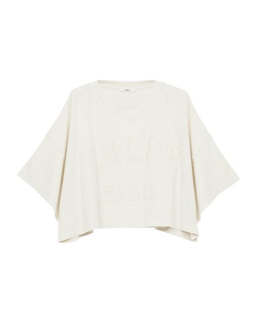 Chloé White Chloé Logo Detailed Oversized Cropped T-Shirt