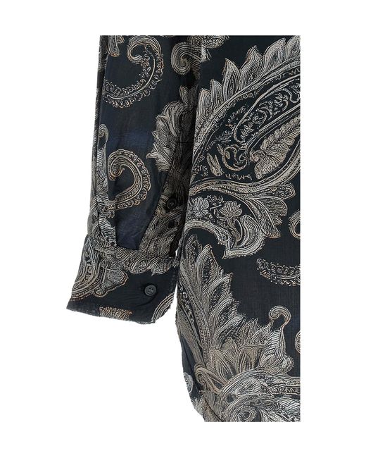 R13 Gray Ruffled Paisley-Print Shirt